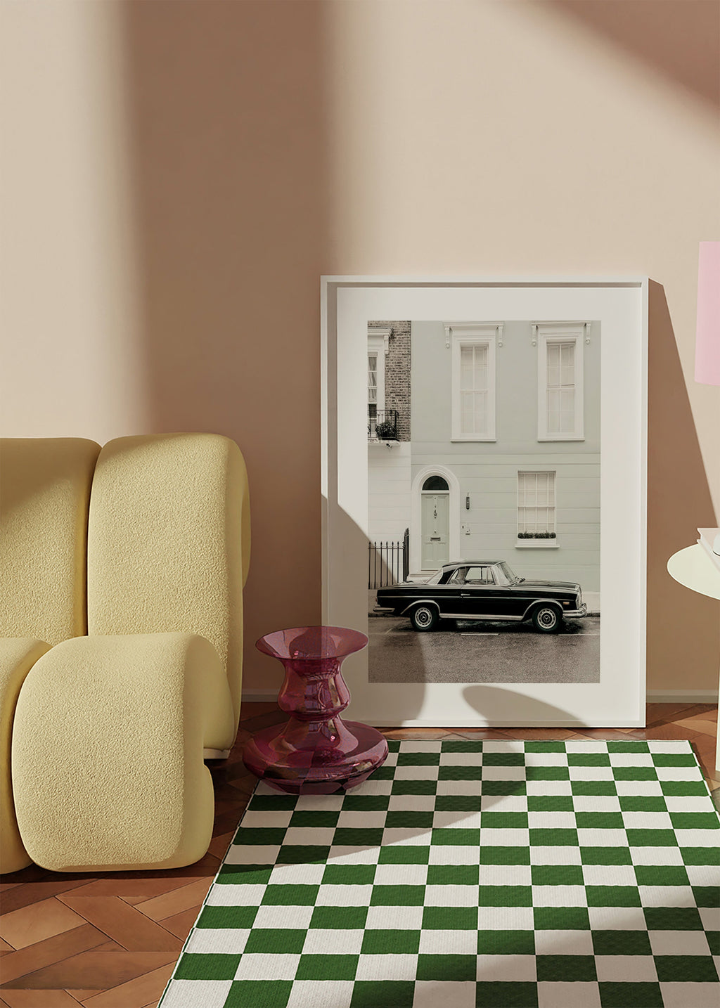 Vintage print classic car by a city facade