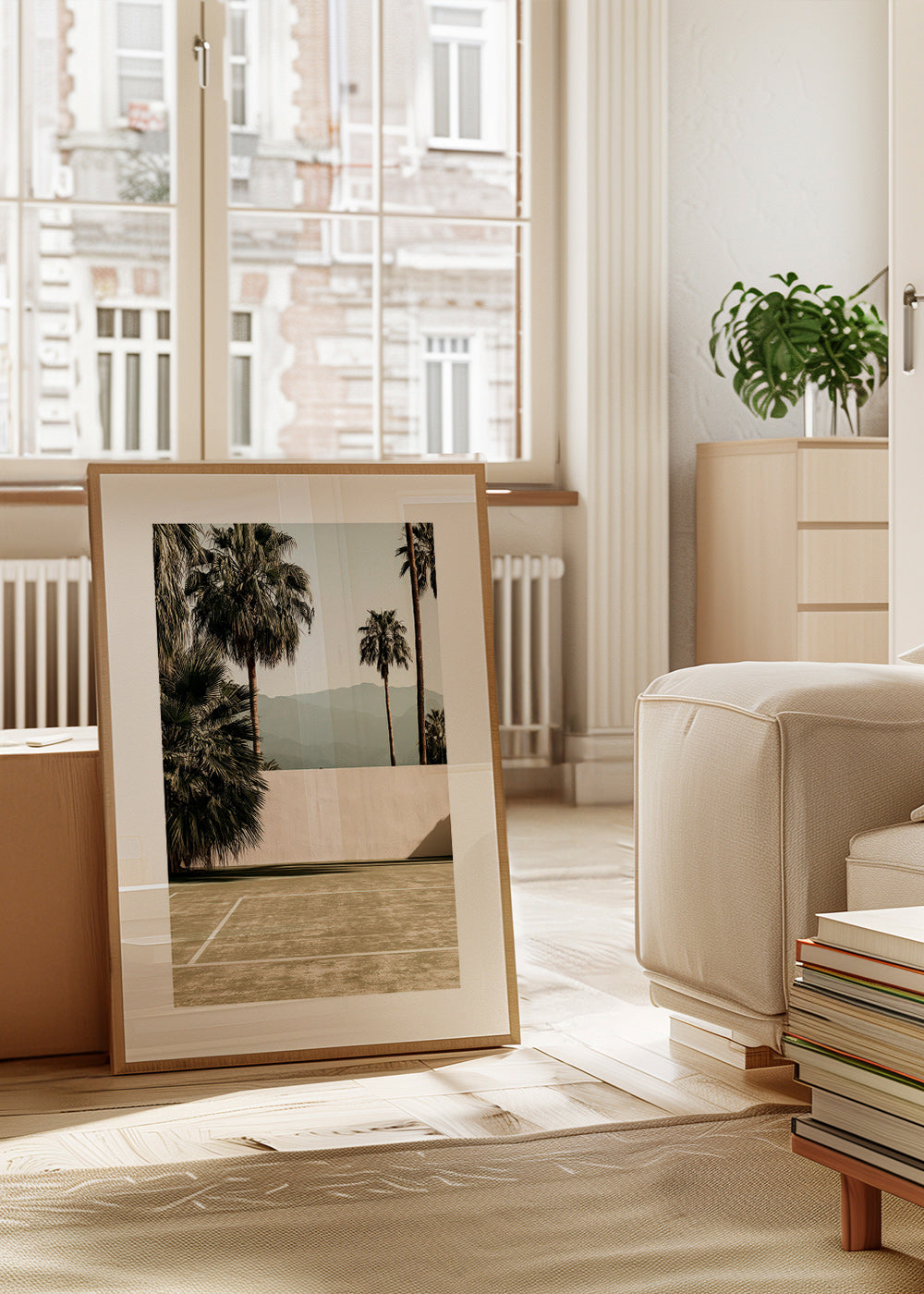 Landscape art with palms and minimal wall