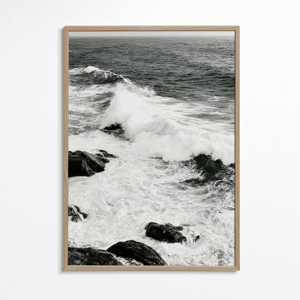 Landscape art of crashing waves in high-contrast black and white