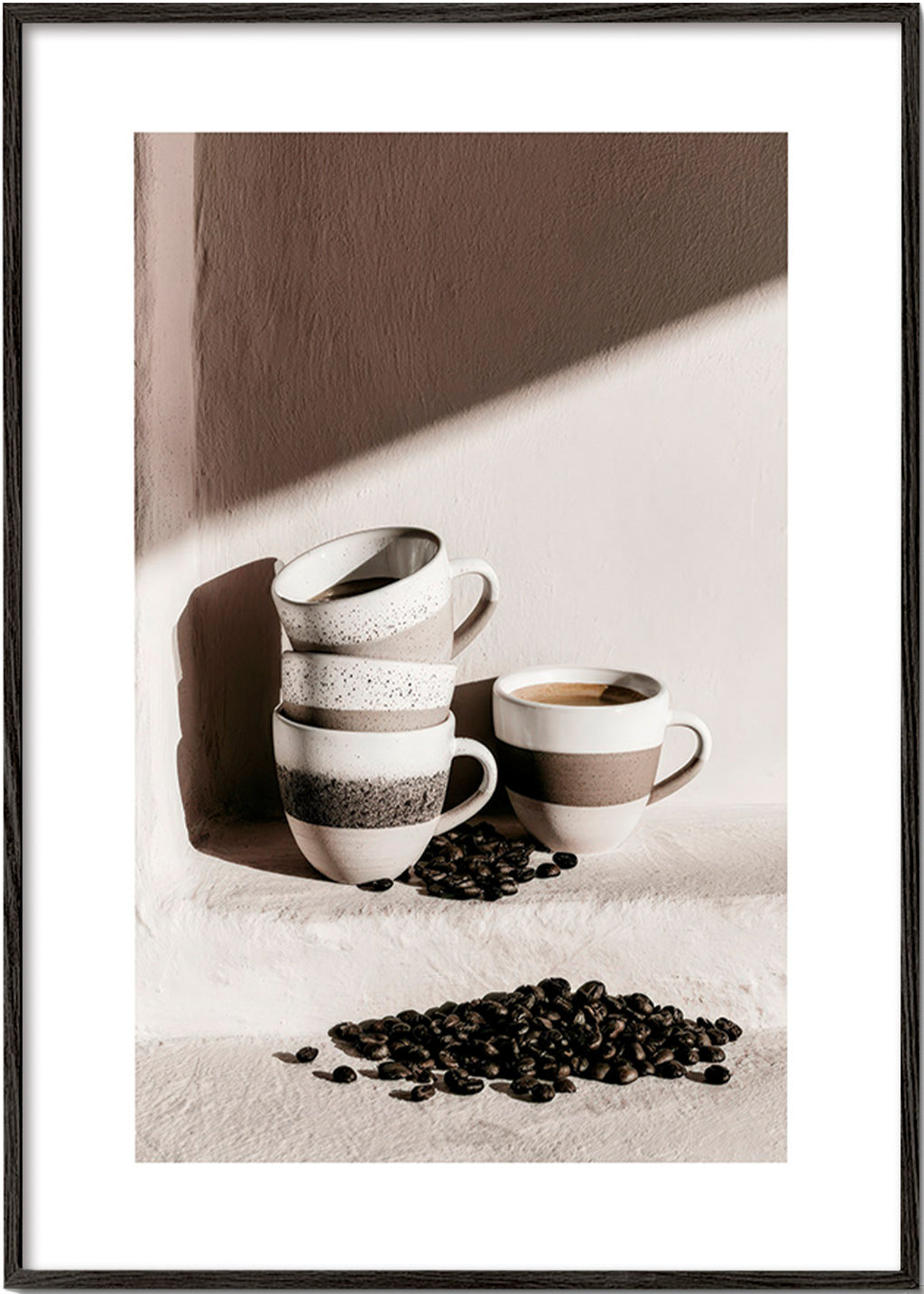 Kitchen art: stacked mugs with coffee beans