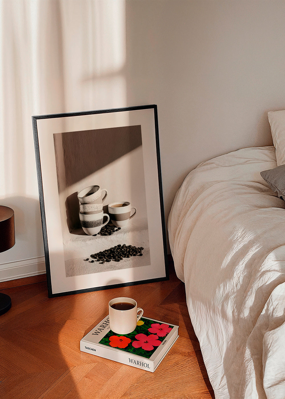 Kitchen art: stacked mugs with coffee beans