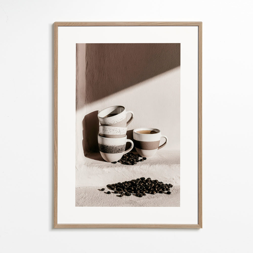 Kitchen art: stacked mugs with coffee beans