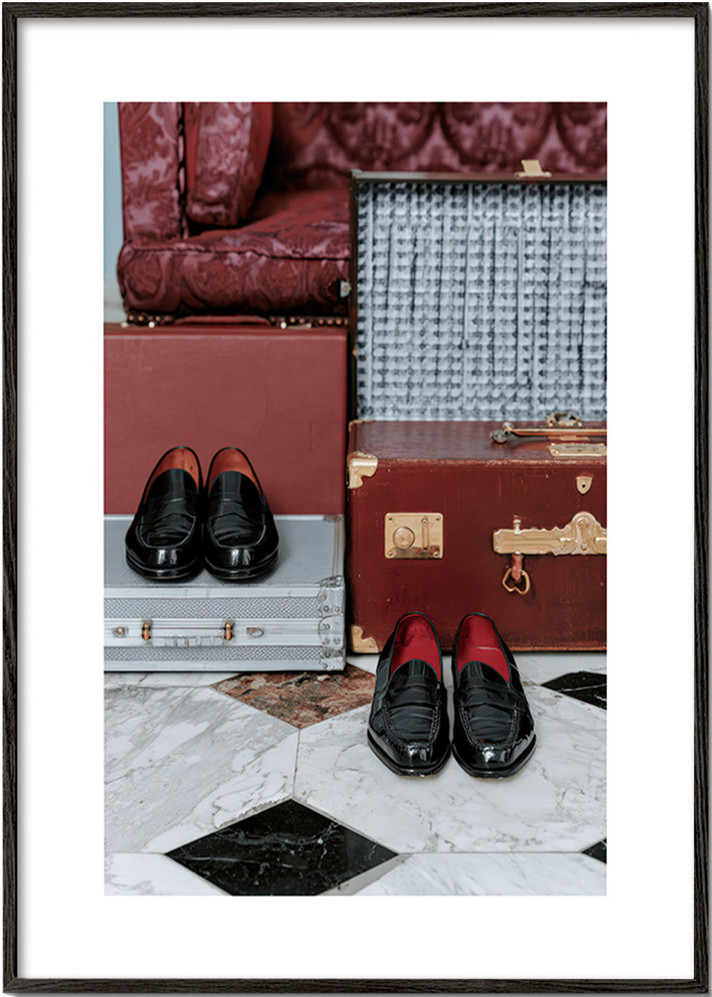 Travel poster with vintage trunks and polished loafers