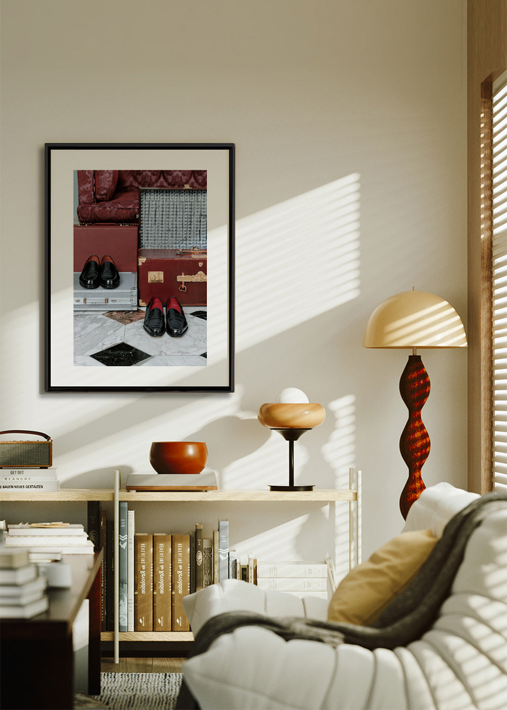 Travel poster with vintage trunks and polished loafers