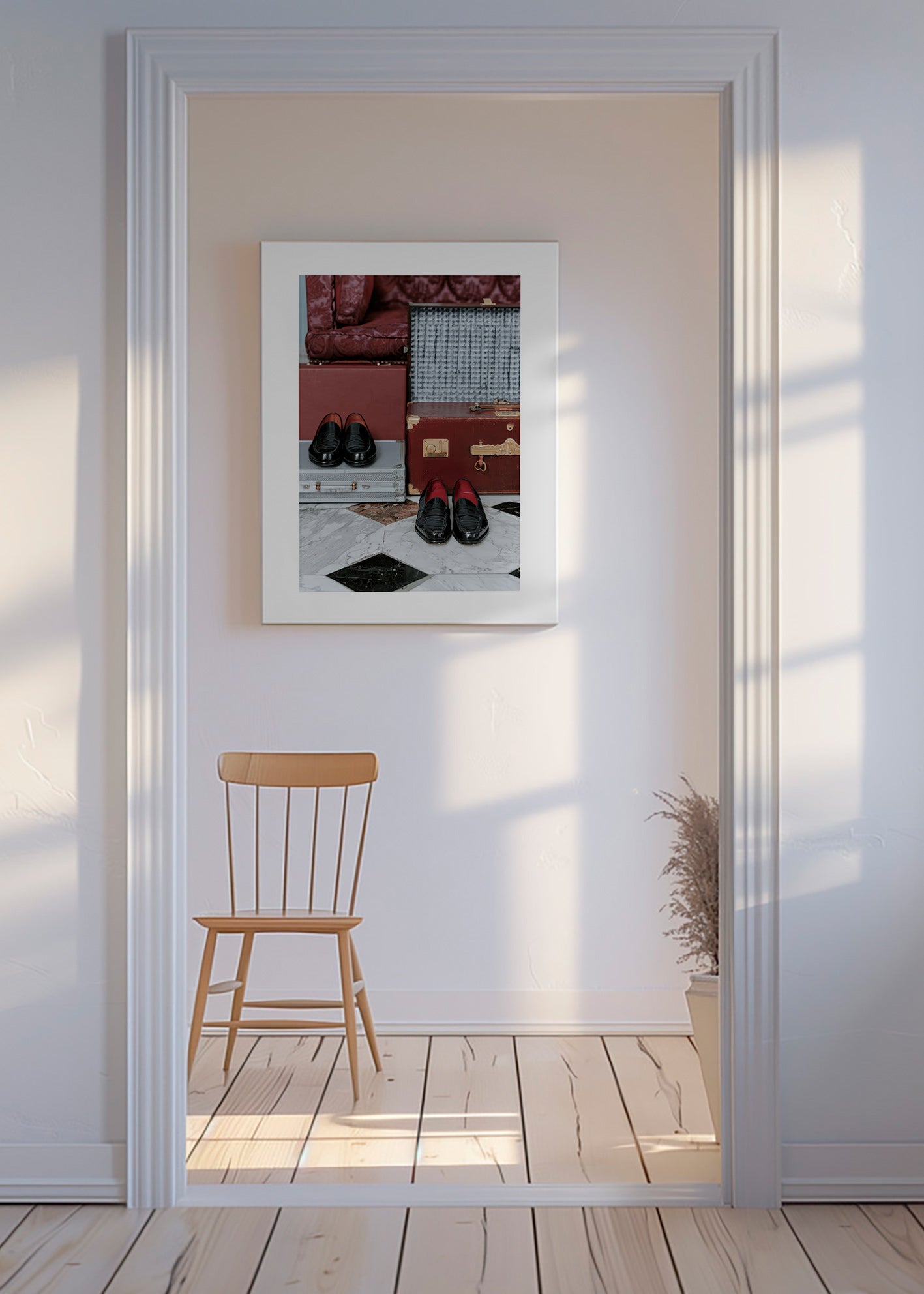 Travel poster with vintage trunks and polished loafers