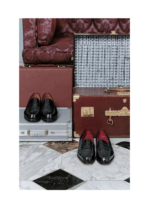 Travel poster with vintage trunks and polished loafers
