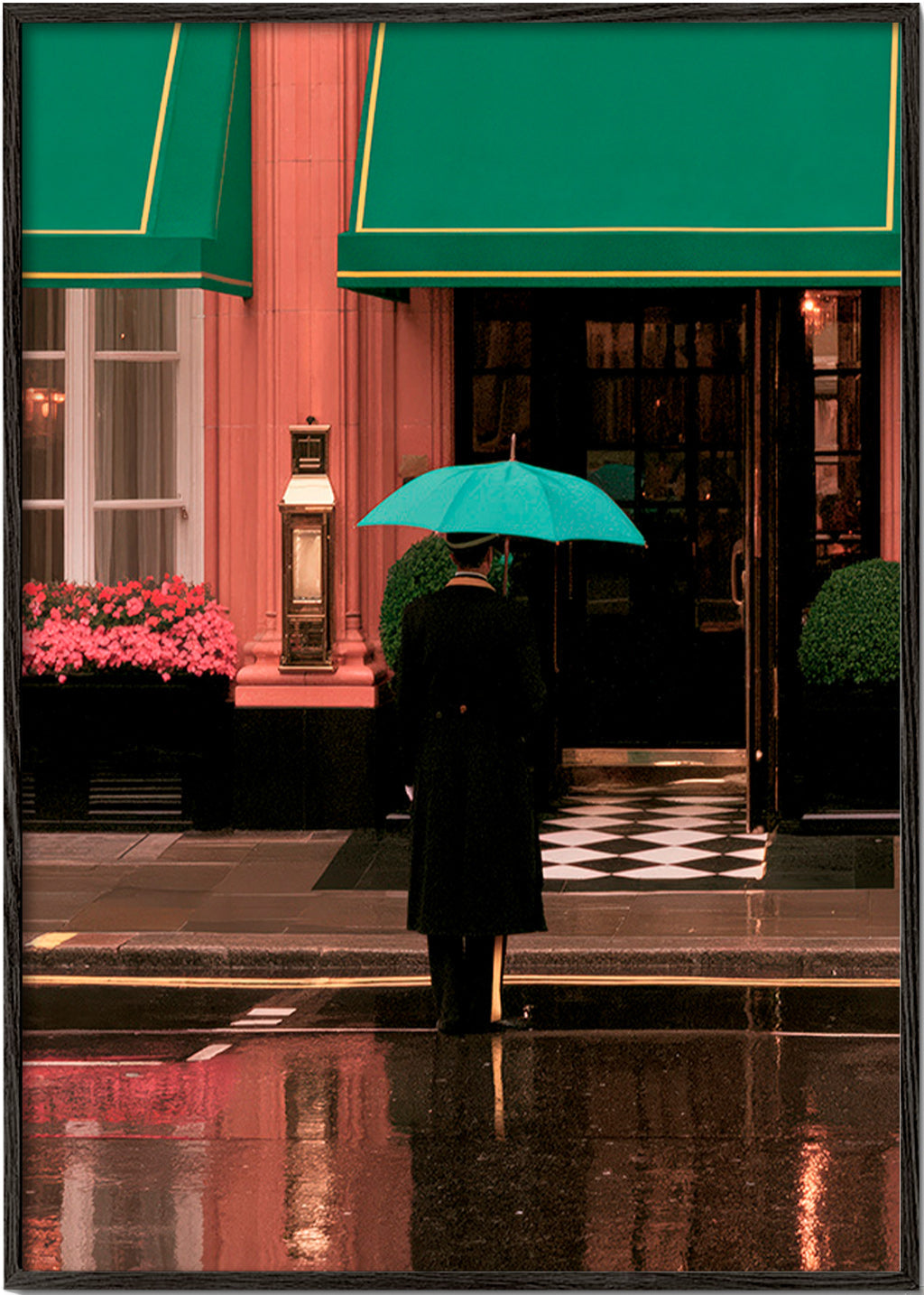 City photograph: lone figure with umbrella and reflections