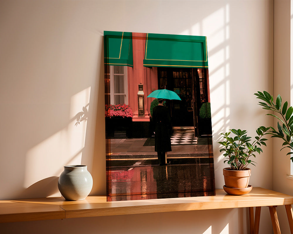 City photograph: lone figure with umbrella and reflections