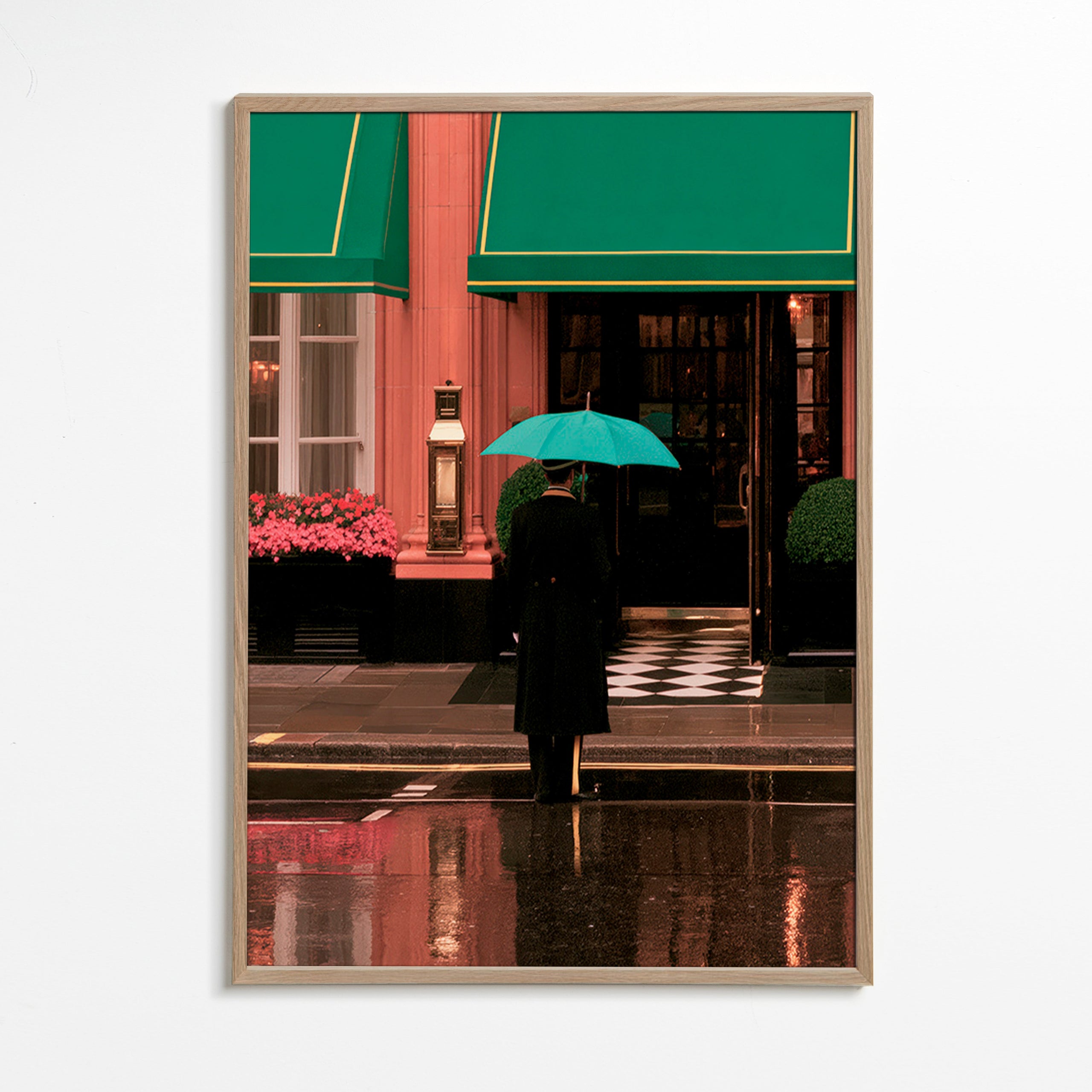 City photograph: lone figure with umbrella and reflections