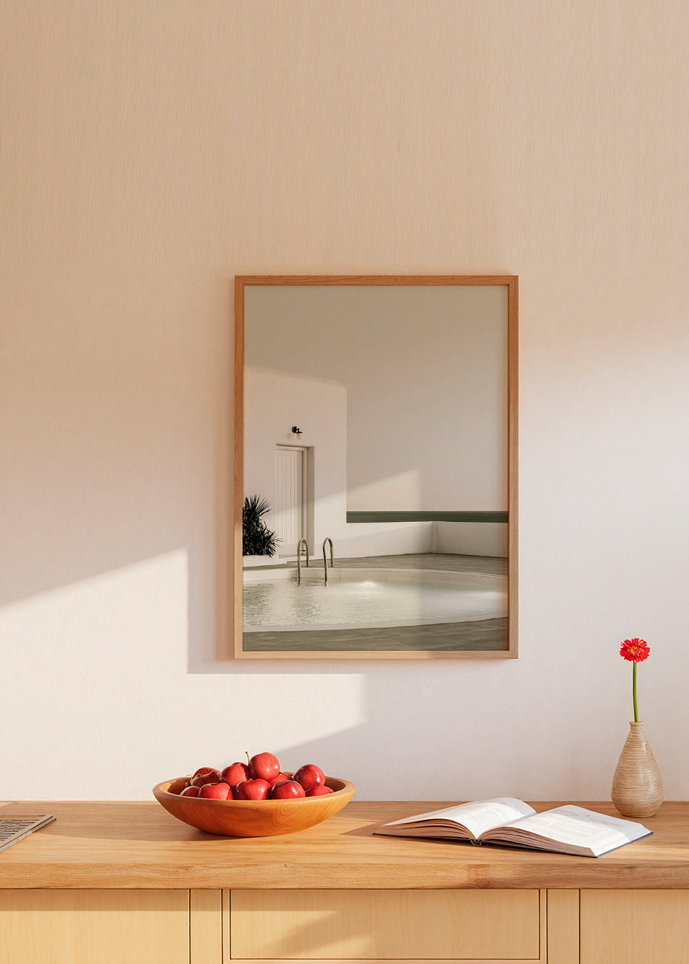 Photograph of a minimalist pool and white architecture
