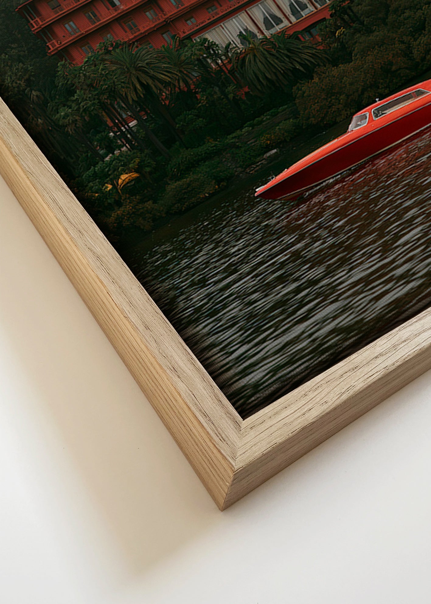 Landscape art: red hotel and speedboat