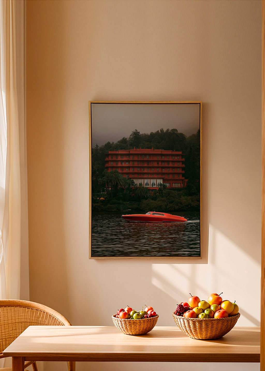 Landscape art: red hotel and speedboat