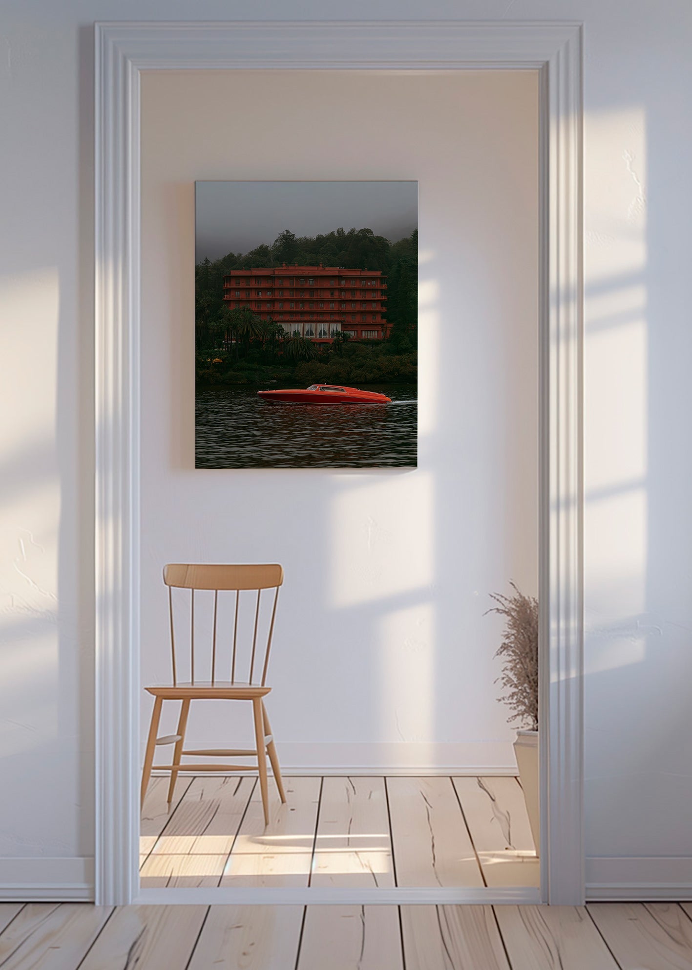 Landscape art: red hotel and speedboat