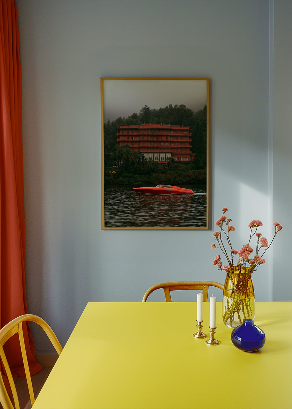 Landscape art: red hotel and speedboat