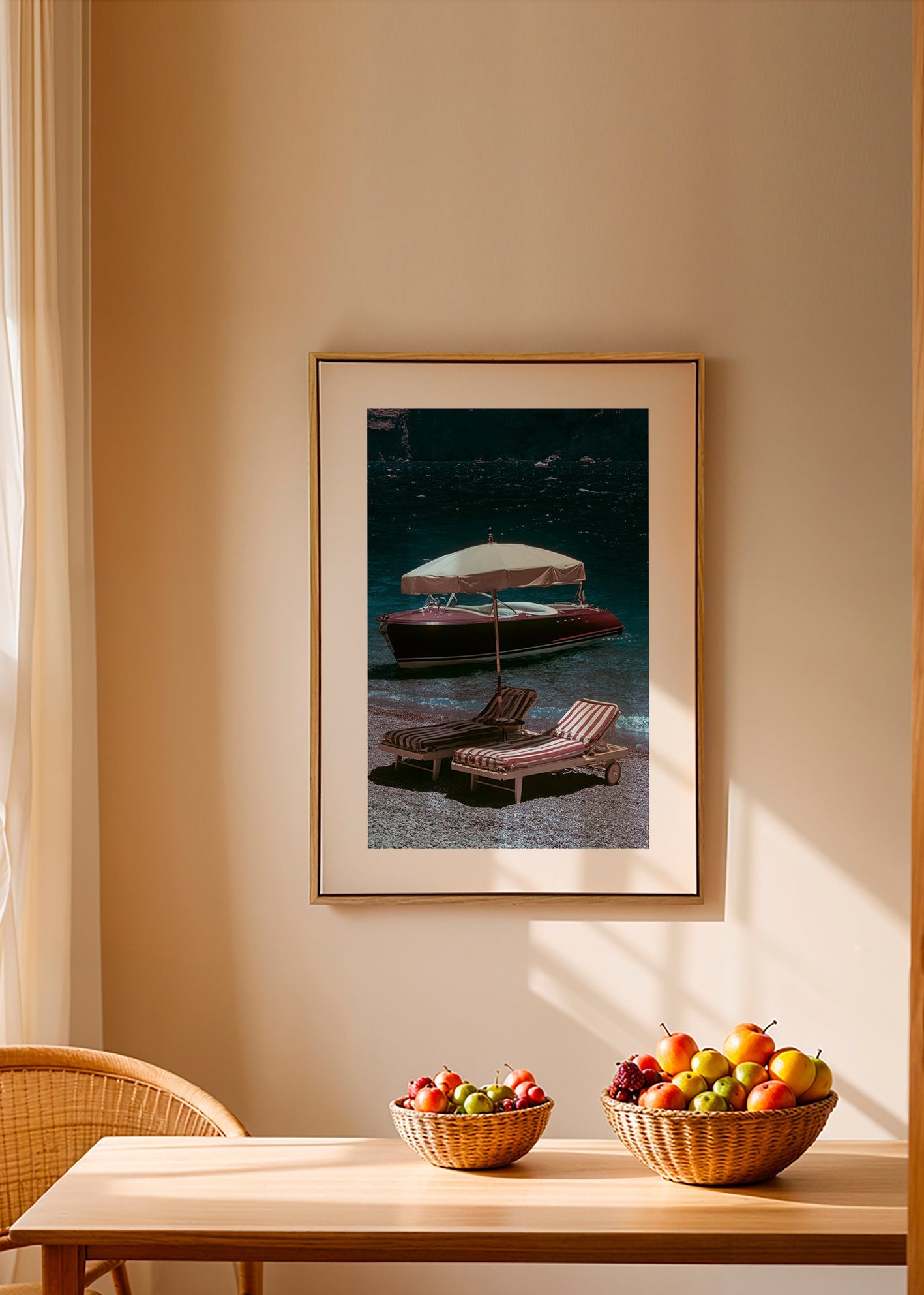 Landscape print: classic boat and loungers by the lake