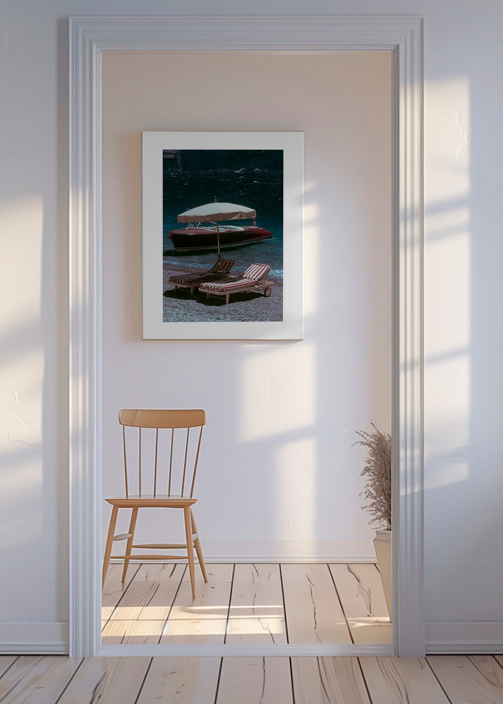Landscape print: classic boat and loungers by the lake