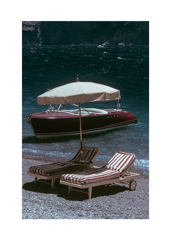 Landscape print: classic boat and loungers by the lake
