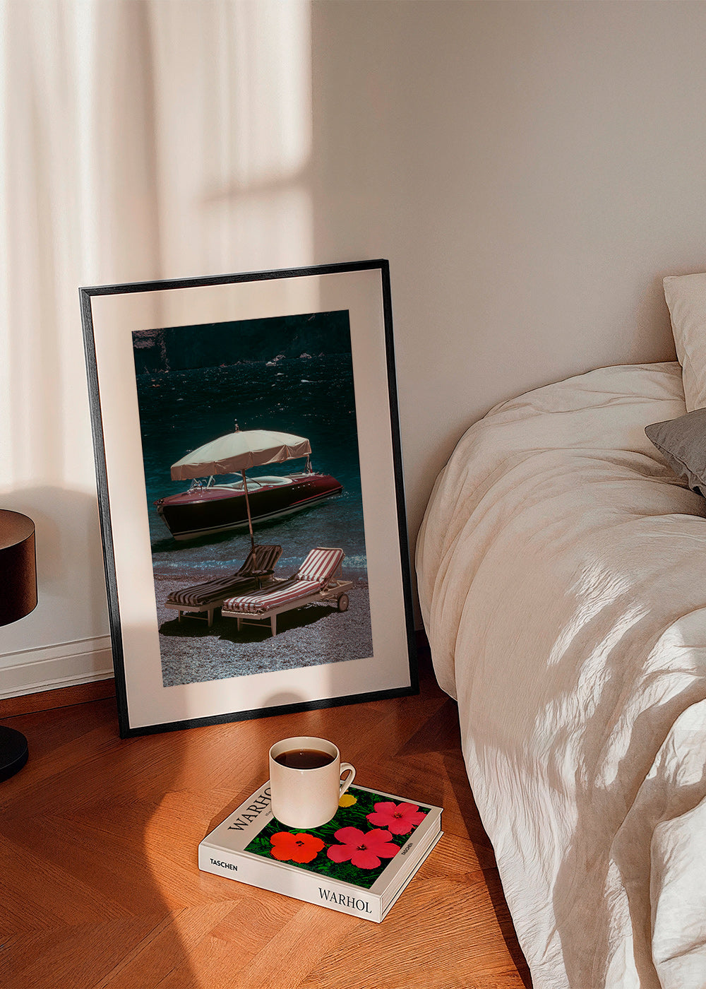 Landscape print: classic boat and loungers by the lake