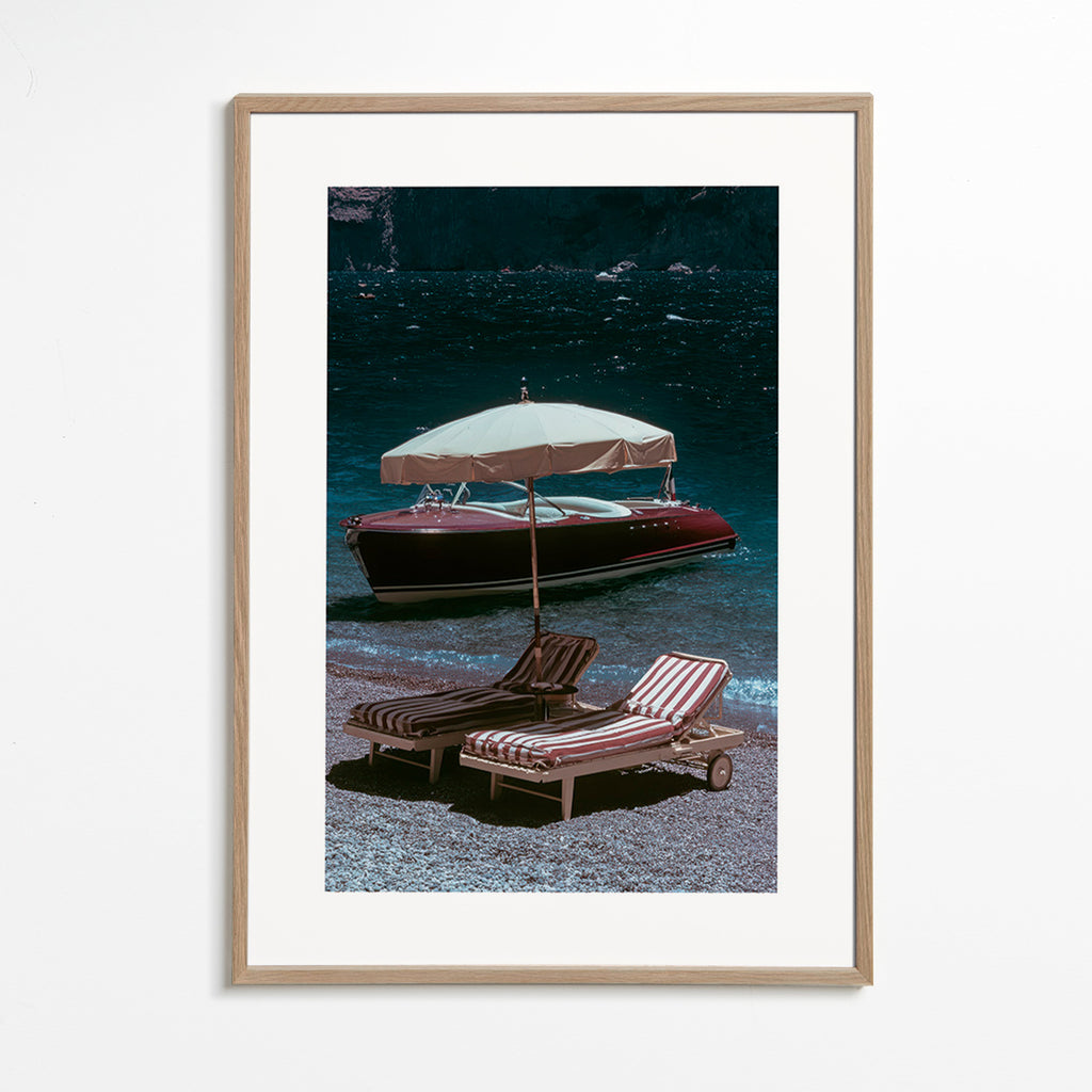 Landscape print: classic boat and loungers by the lake