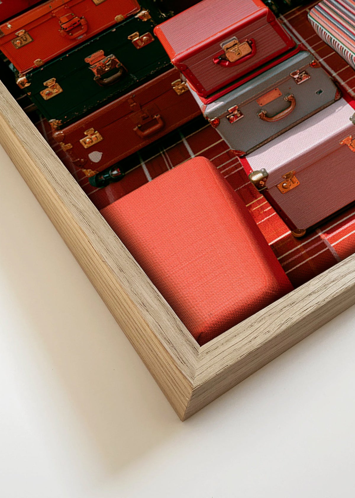 Travel art with stacked red luggage