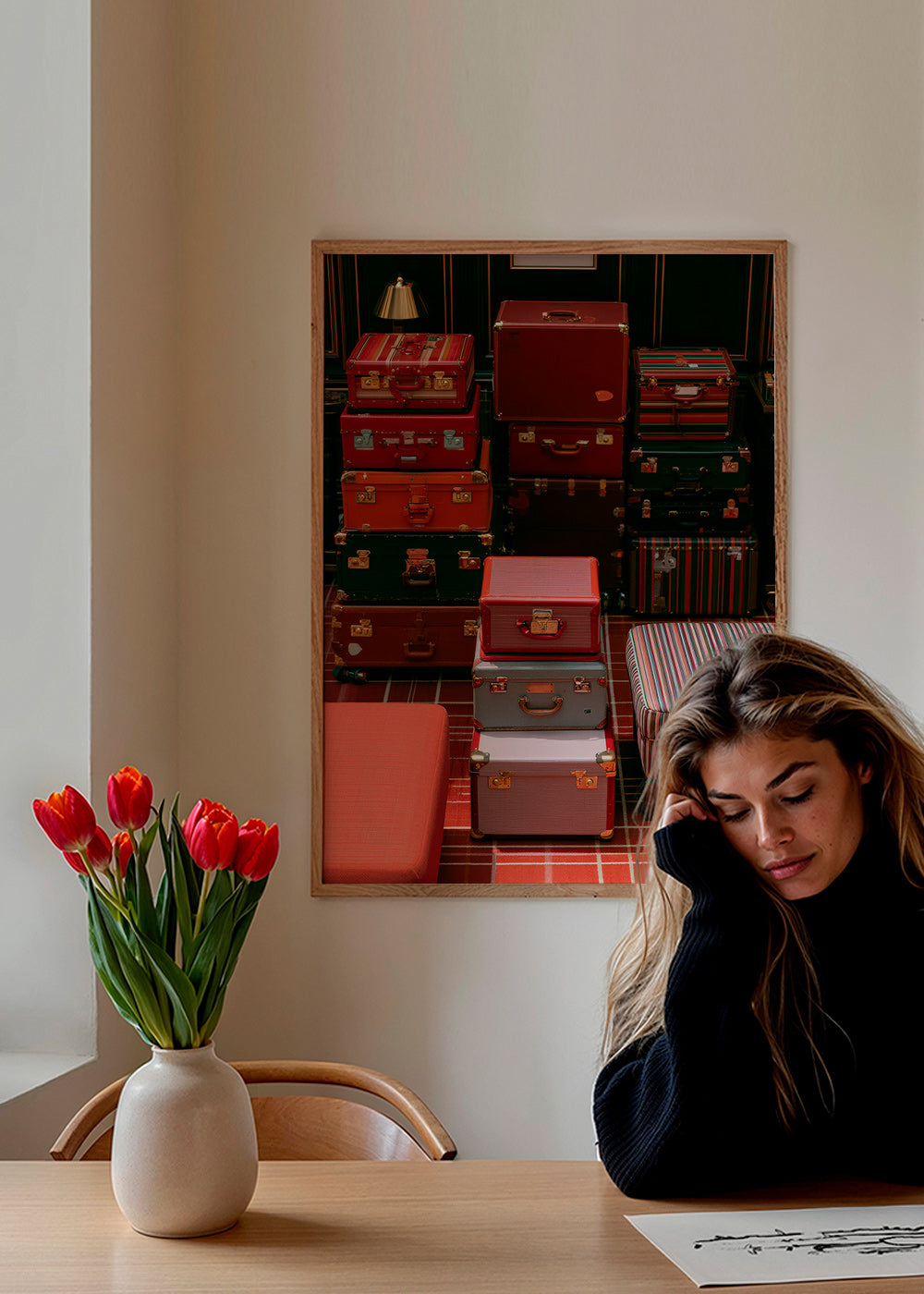 Travel art with stacked red luggage