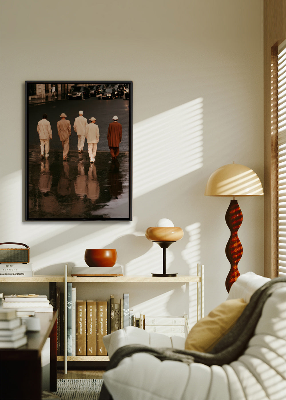 Photograph: five figures walking on a wet street