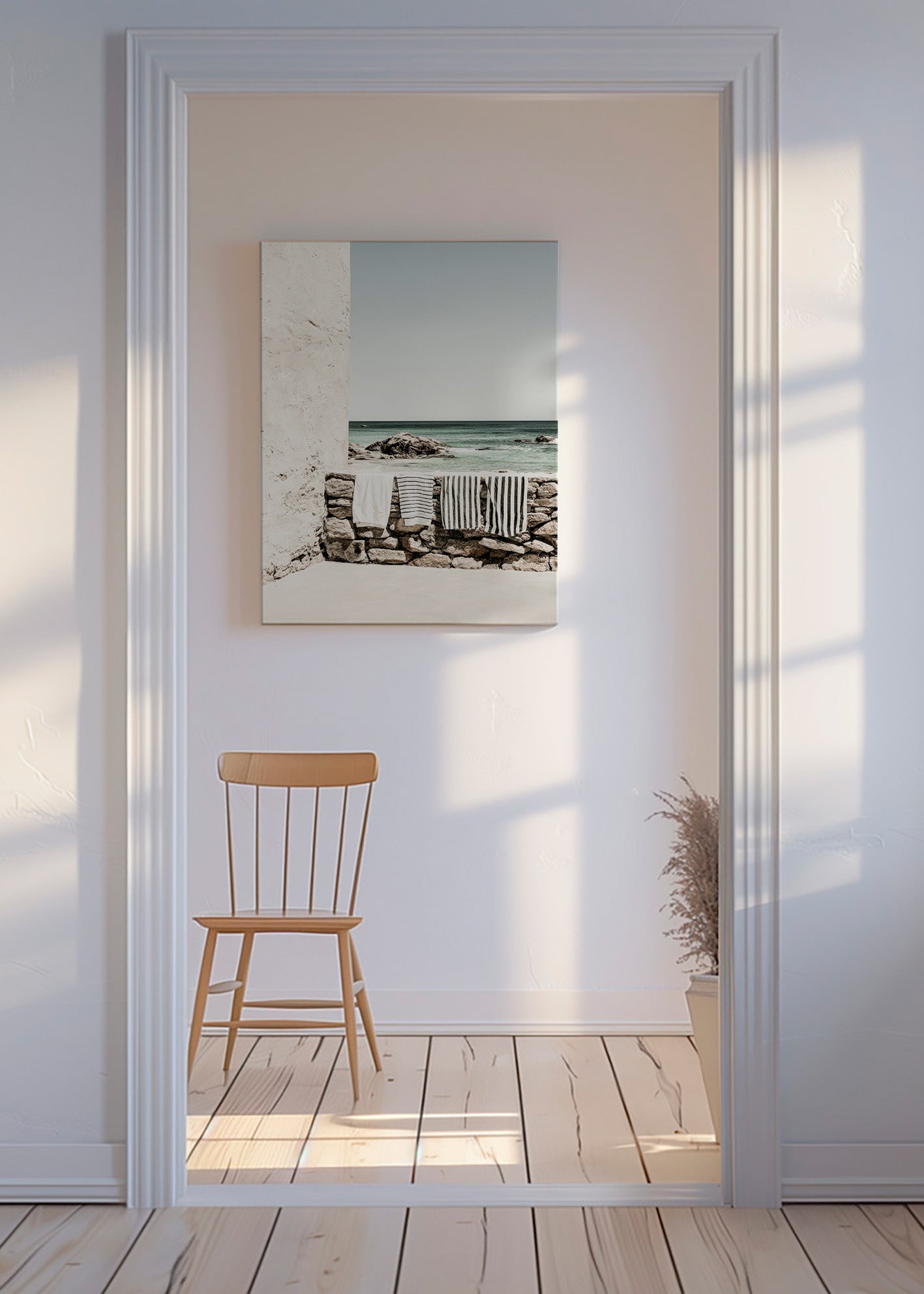 Coastal landscape photograph with hanging towels