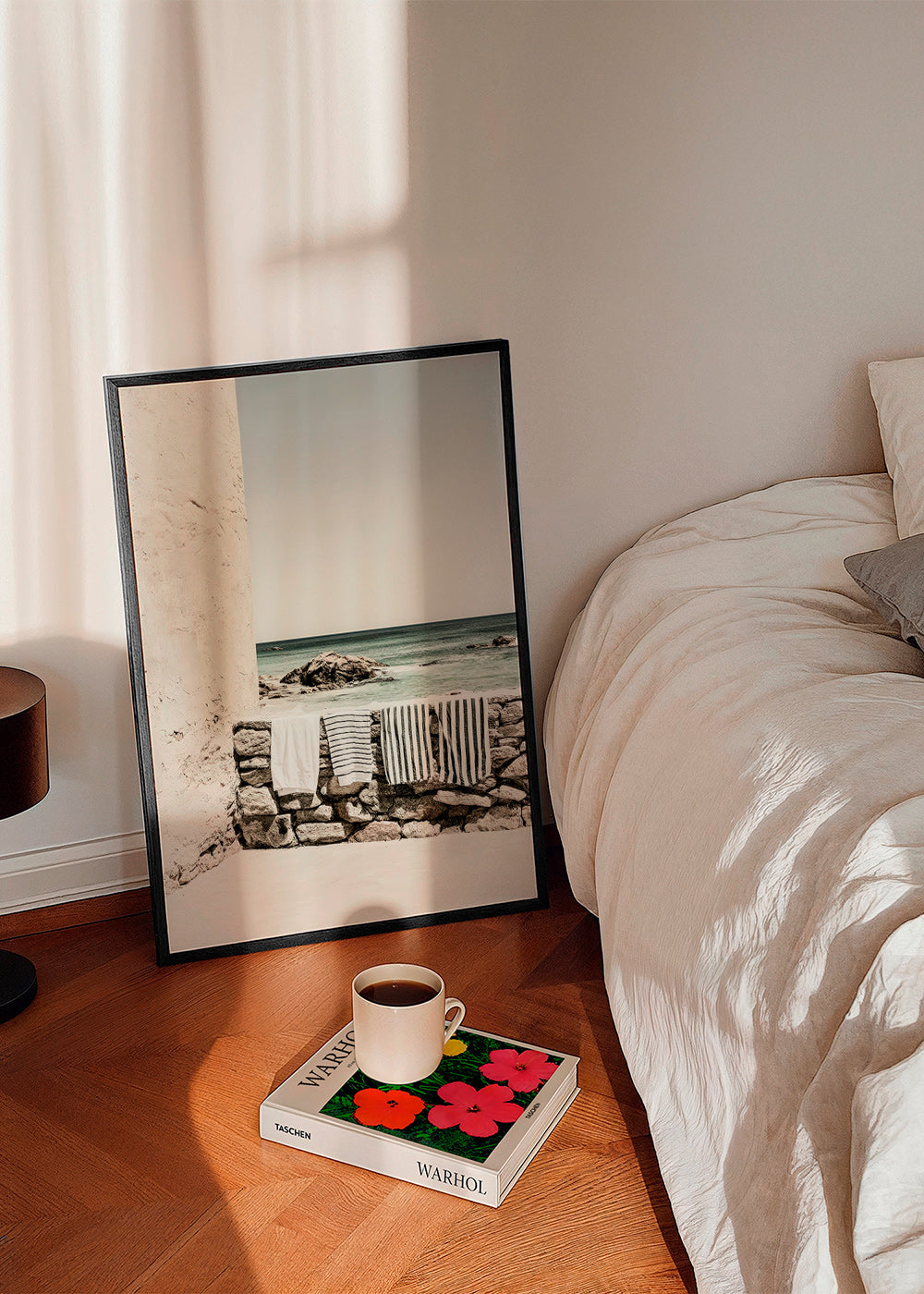 Coastal landscape photograph with hanging towels