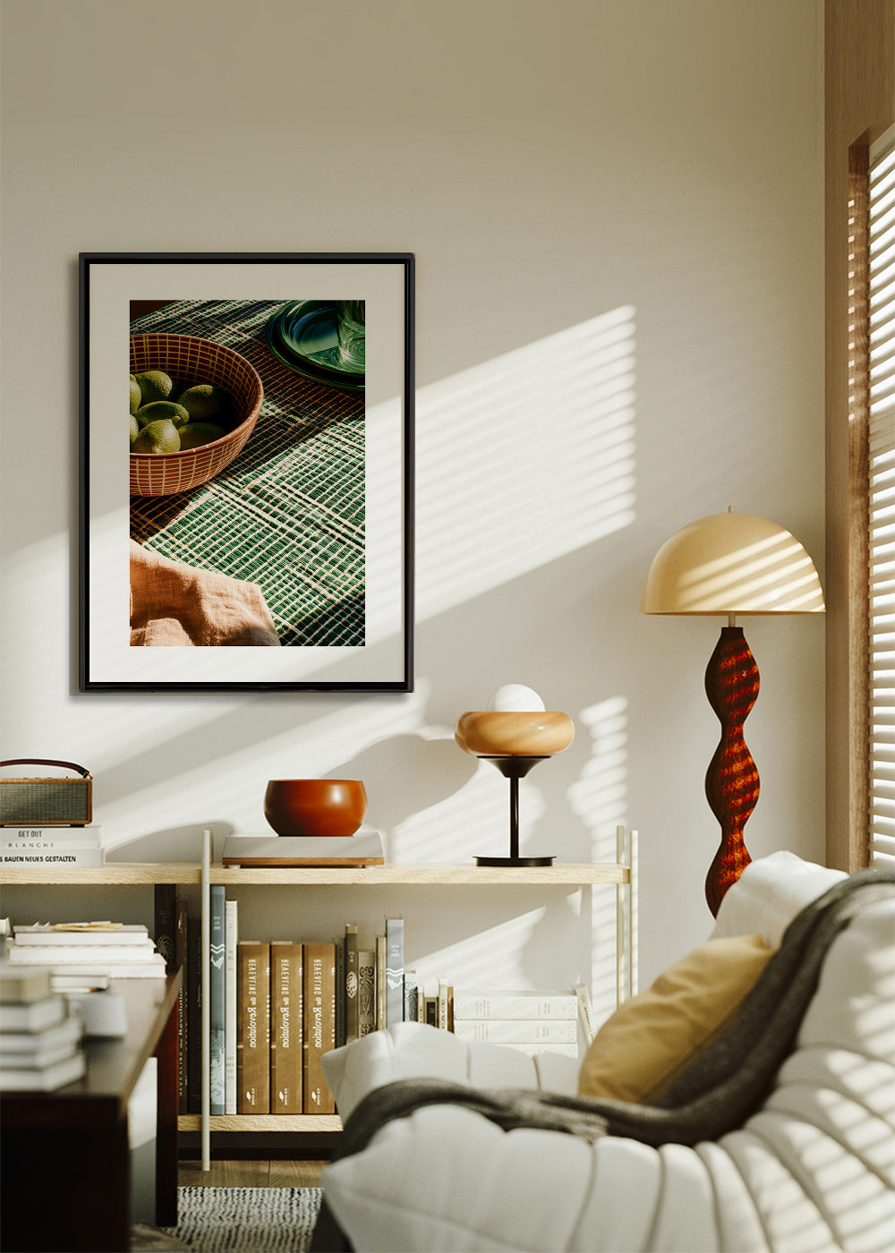 Kitchen art with limes in bowl and graphic cloth