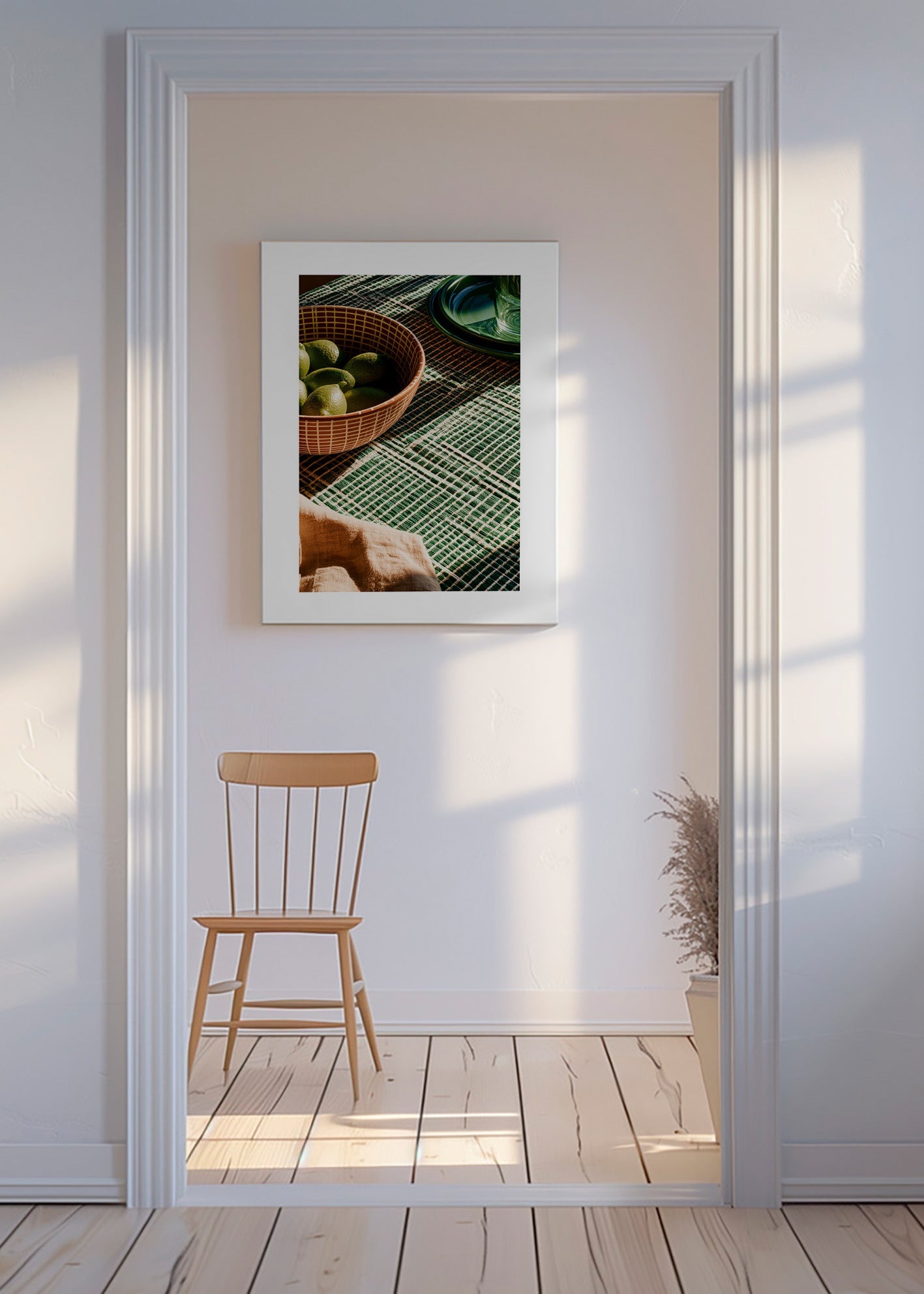 Kitchen art with limes in bowl and graphic cloth