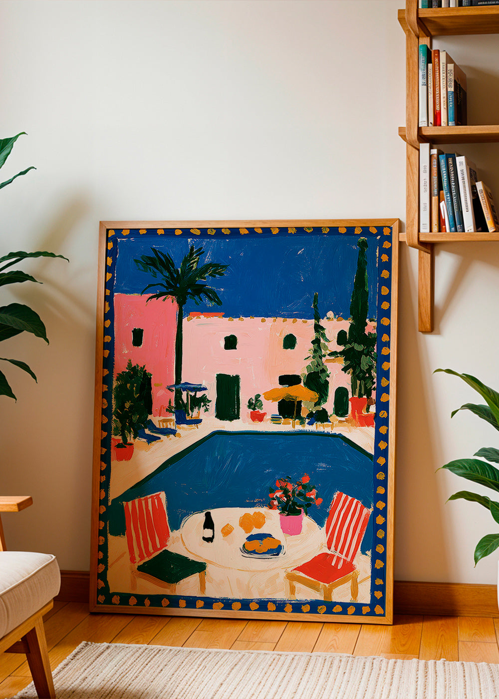 Travel poster: pink villa with pool
