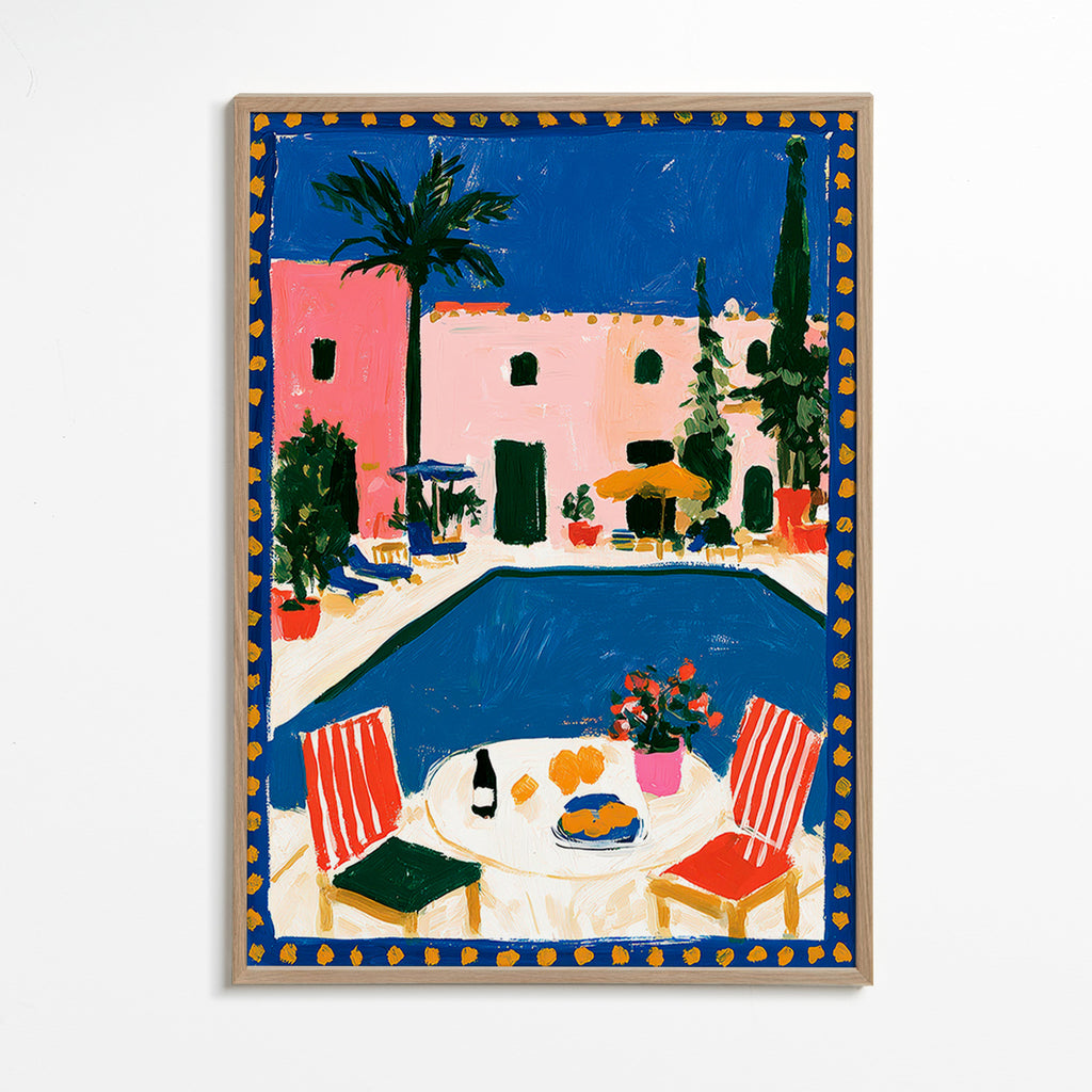 Travel poster: pink villa with pool