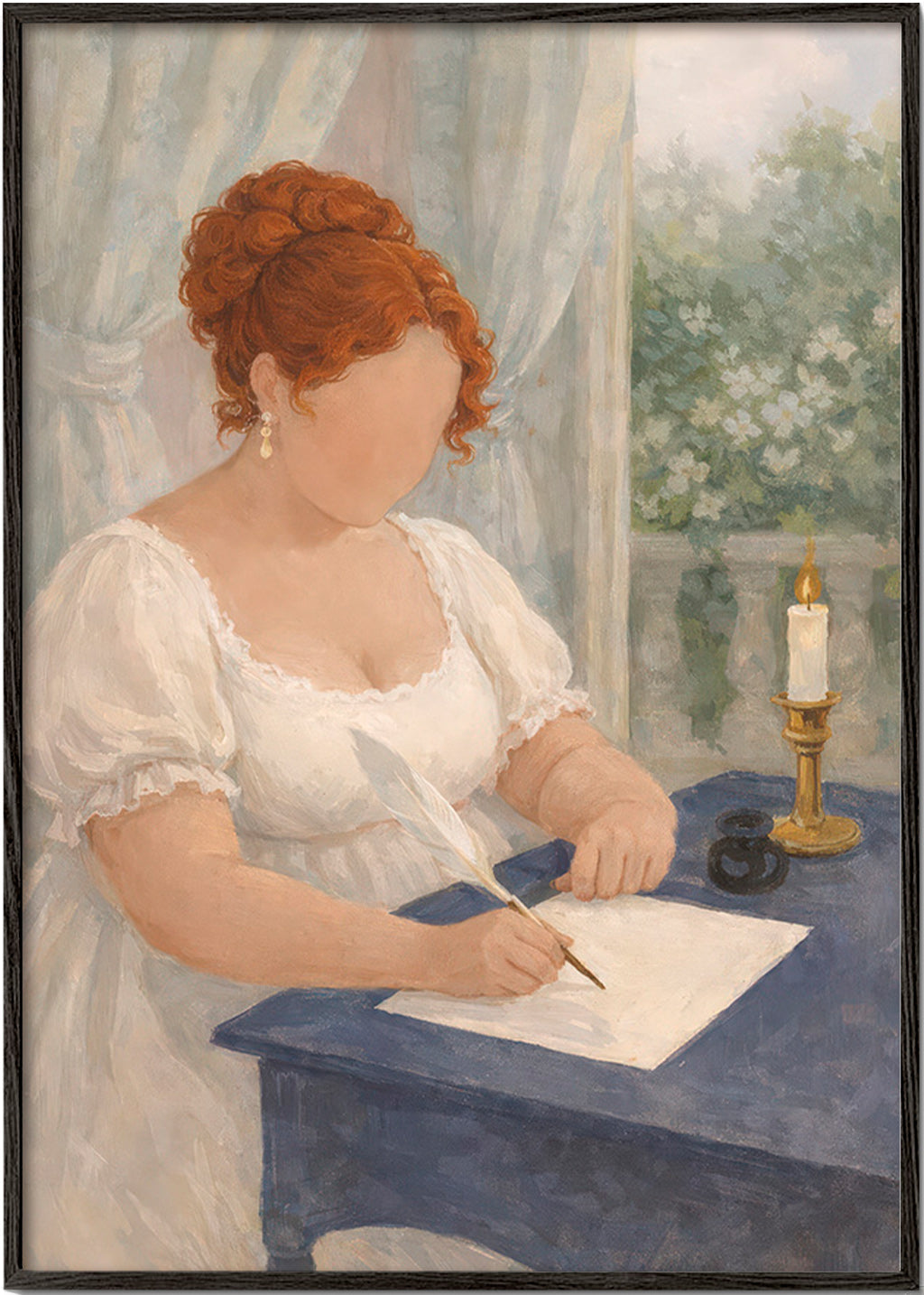 Illustration of a lady writing by candlelight