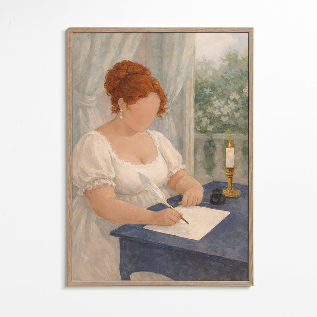 Illustration of a lady writing by candlelight