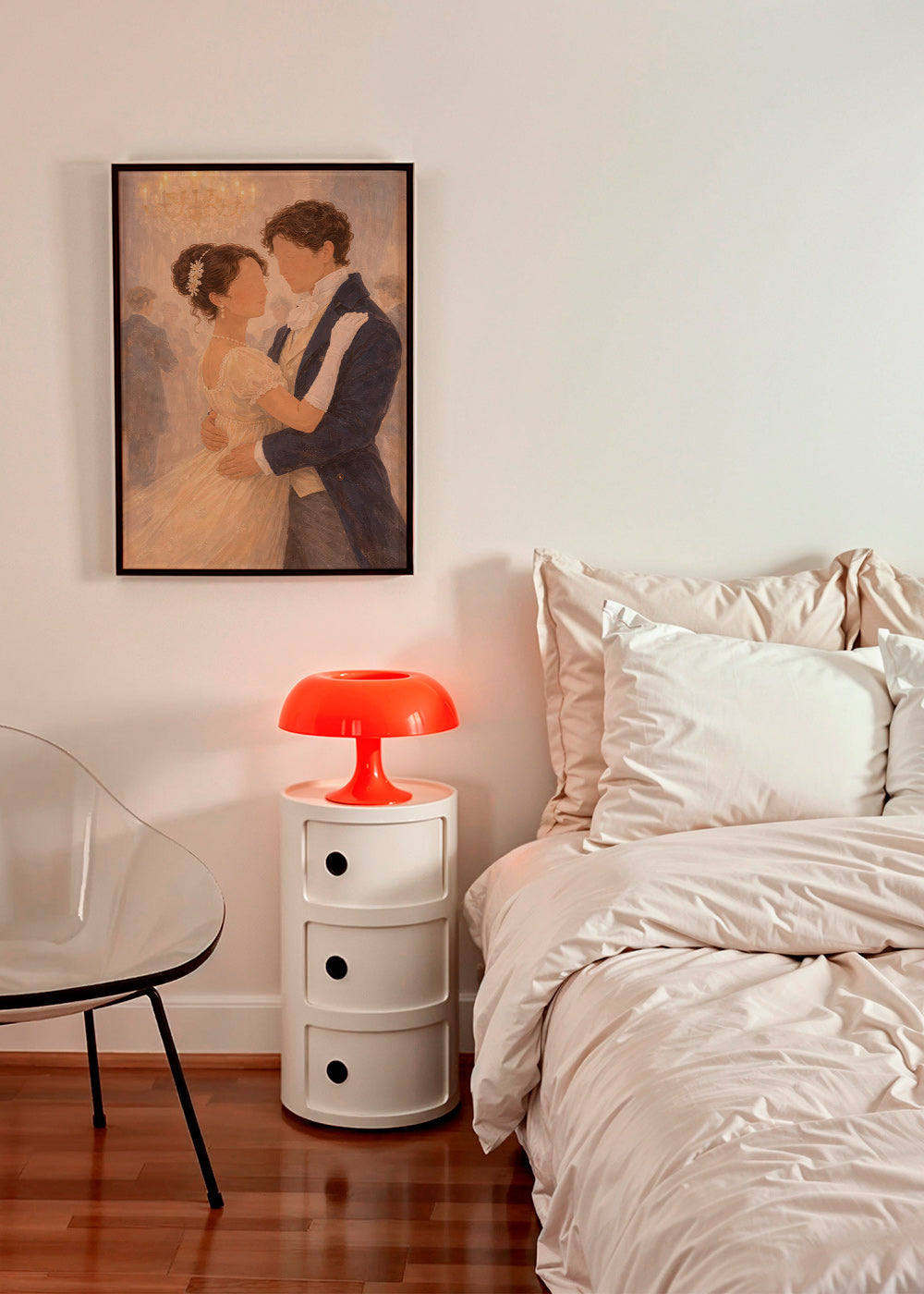 Illustration of a romantic dance in a vintage hall