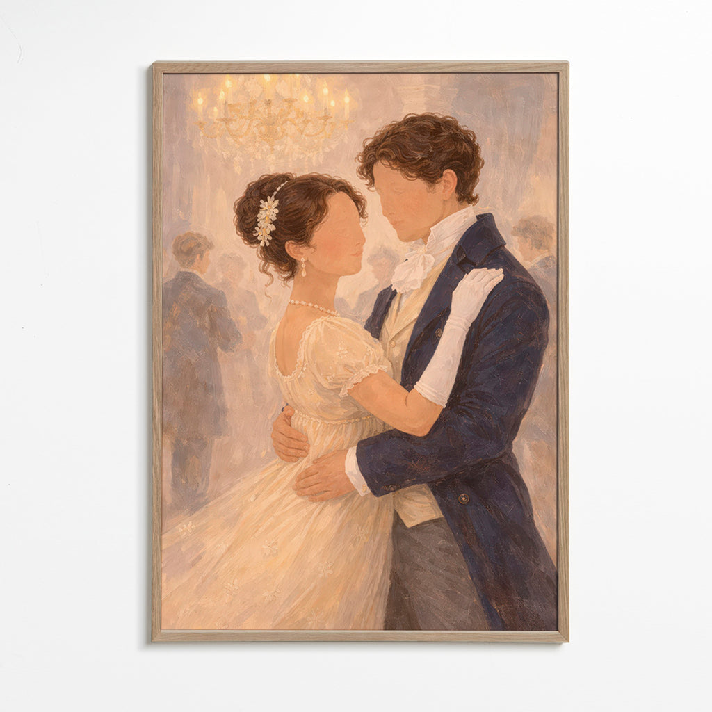Illustration of a romantic dance in a vintage hall